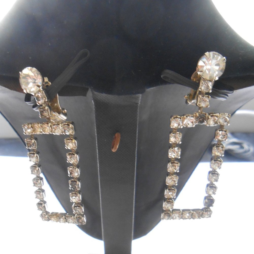 Rectangular Clear Rhinestone Clip On Earrings. Vi… - image 1